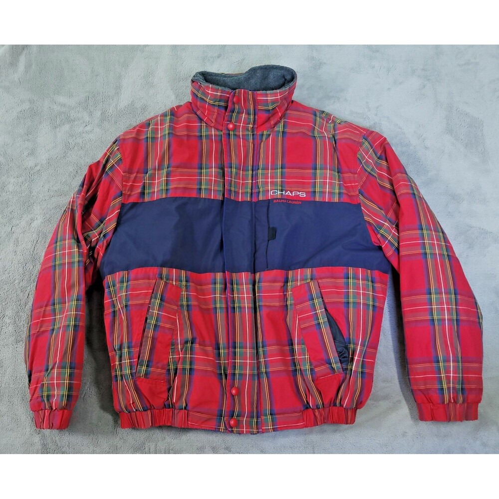 Chaps Ralph Lauren Winter Puffer Jacket Red Plaid Mens Size Small Hooded Vintage